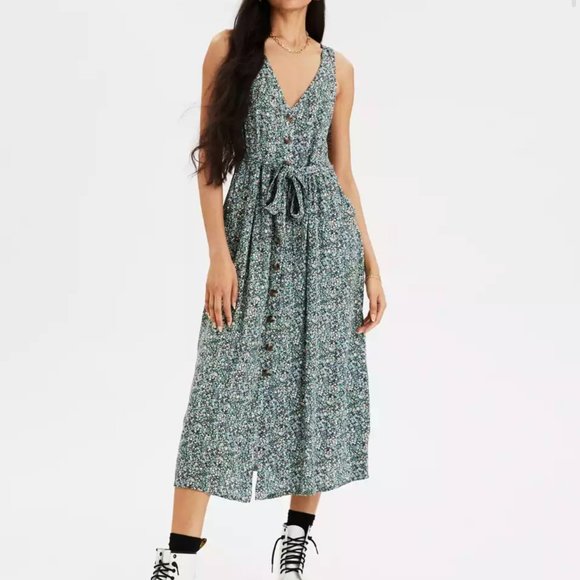 American Eagle Outfitters Dresses & Skirts - AMERICAN EAGLE Blue Floral Button Down Maxi Sleeveless Dress (L)